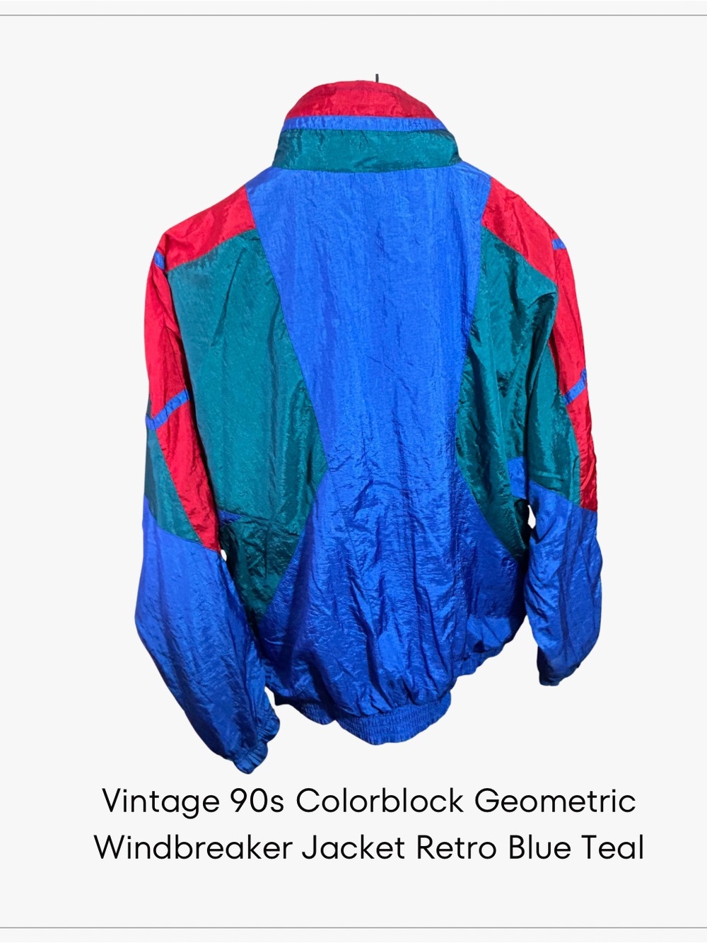 Vintage 90s Active Wear Colorblock Geometric Windbreaker Jacket Retro Blue Teal - Picture 2 of 3